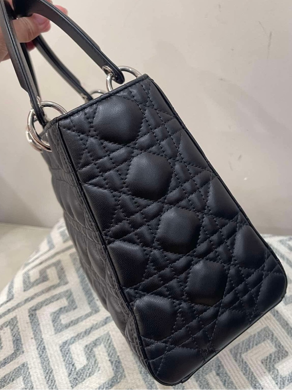 Dior Lady Dior Black Leather Tote Handbag Silver Hardware Size Medium - Picture 4 of 13